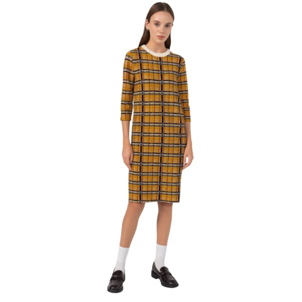 Zara Golden Yellow Plaid 3/4 Sleeve Stretch Knit Midi Dress